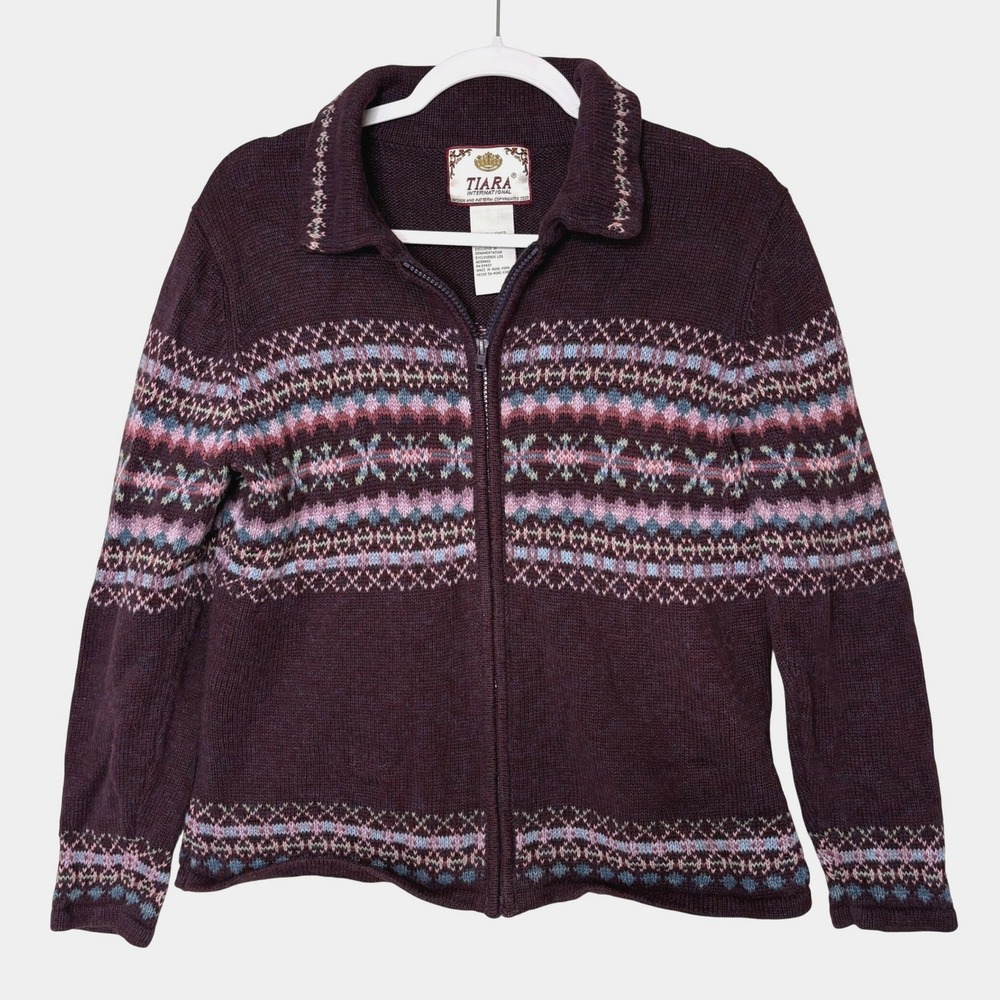 Vtg Tiara International Fair Isle Zip Sweater Small Purple Cottagecore Knit